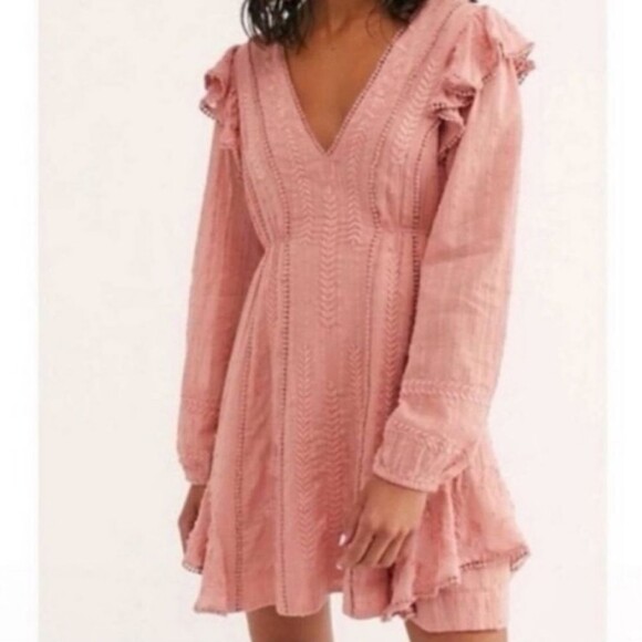 Free People Isabella Mini Dress In Pink Long Sleeve - Picture 1 of 6